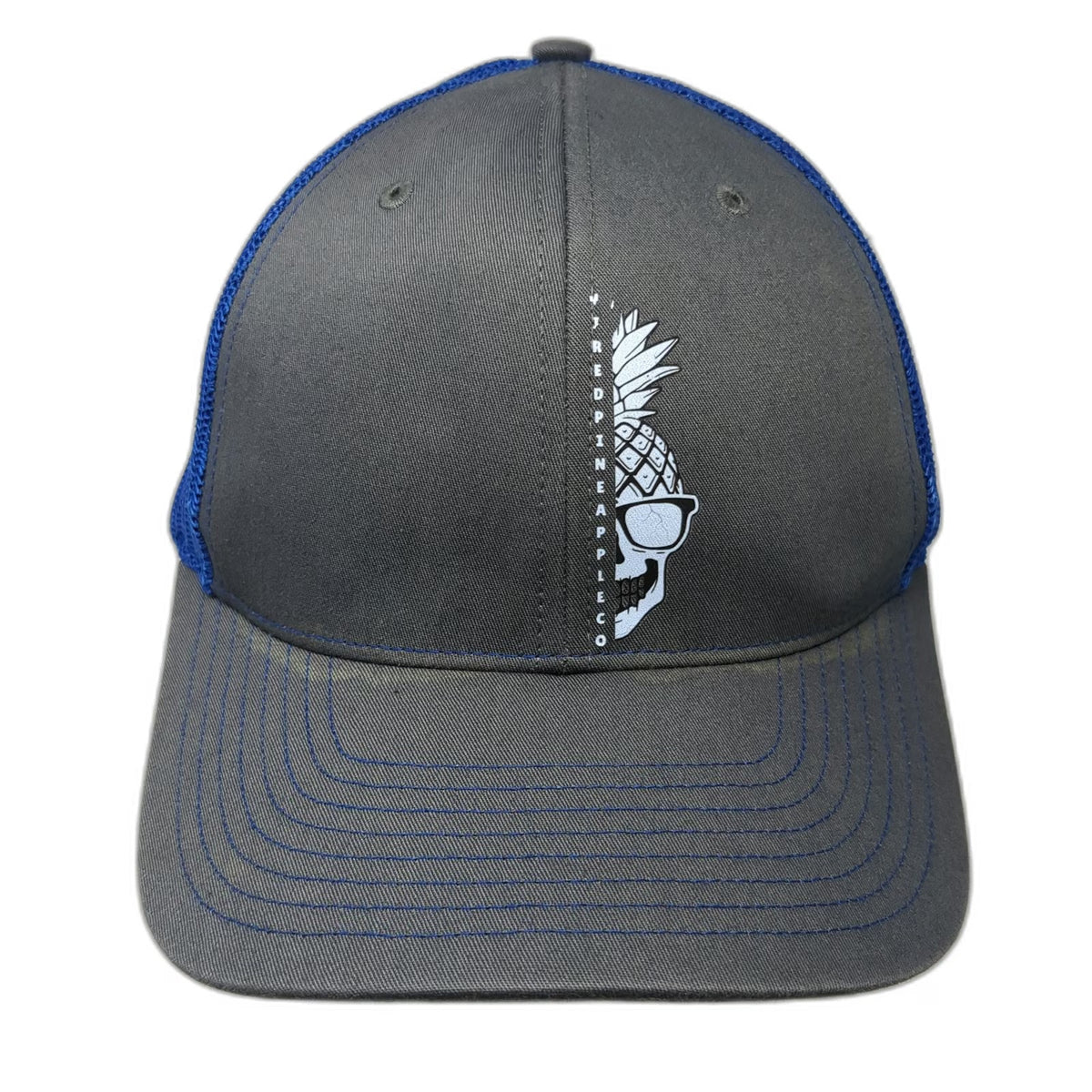 Richardson Gray Blue Trucker Hat One Size Mesh Snapback Pineapple Skull Graphic