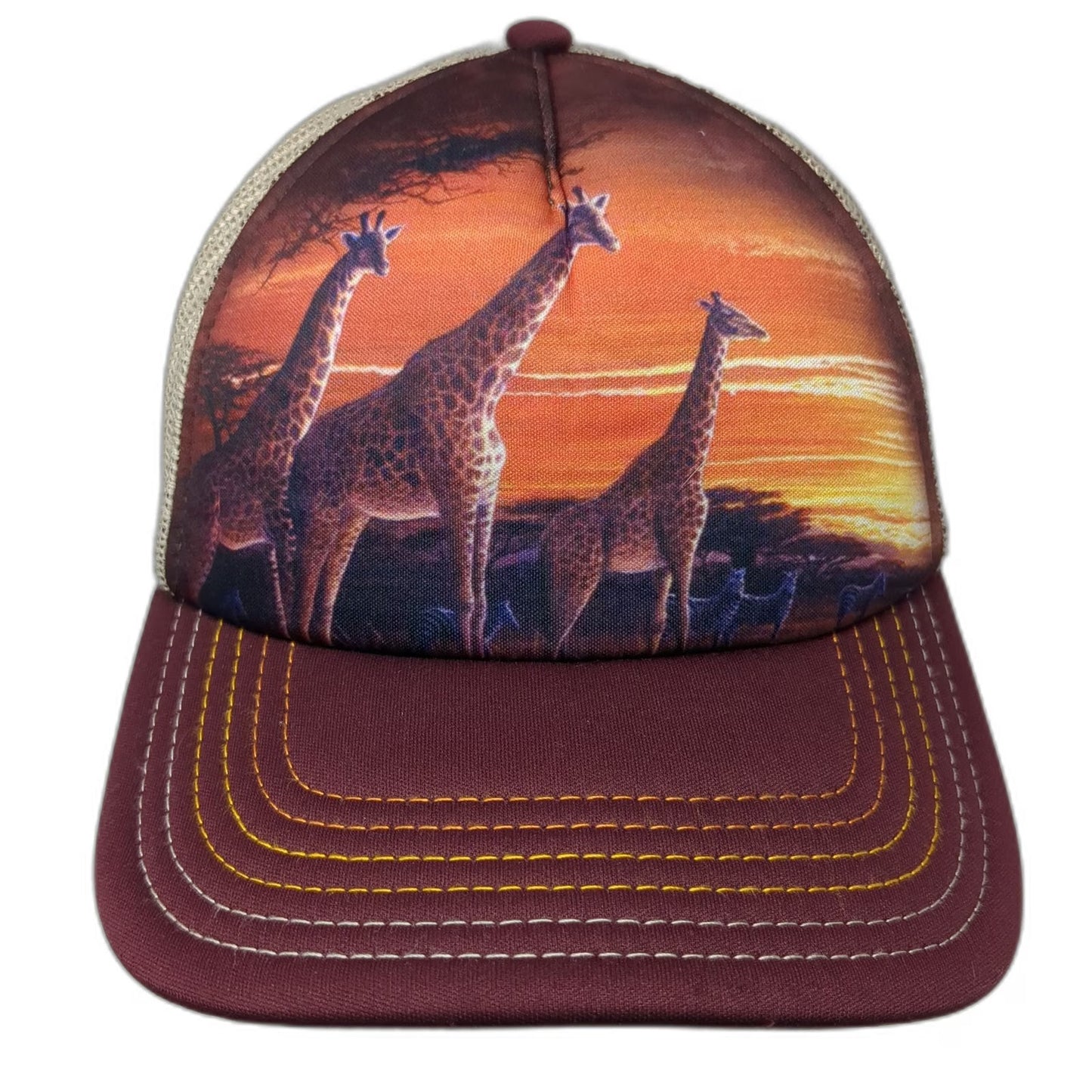 The Mountain Trucker Hat Purple Beige One Size Giraffe Sunset Savanna Wildlife