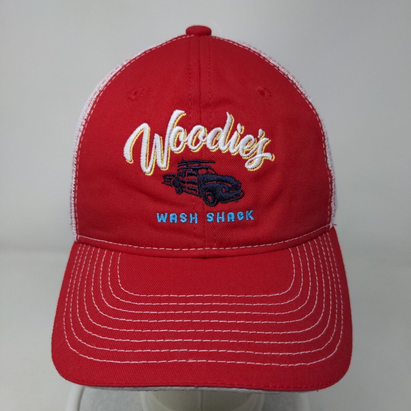 Woodie's Wash Shack Snapback Mesh Back Trucker Hat Red Adult Colorblock