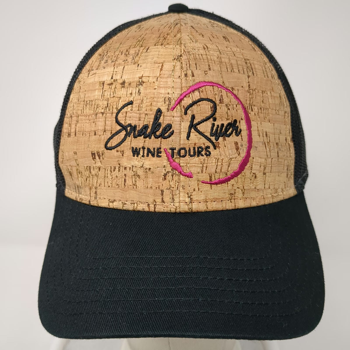 Otto Trucker Hat Black One Size Cork Front Mesh Snake River Wine Tours Logo