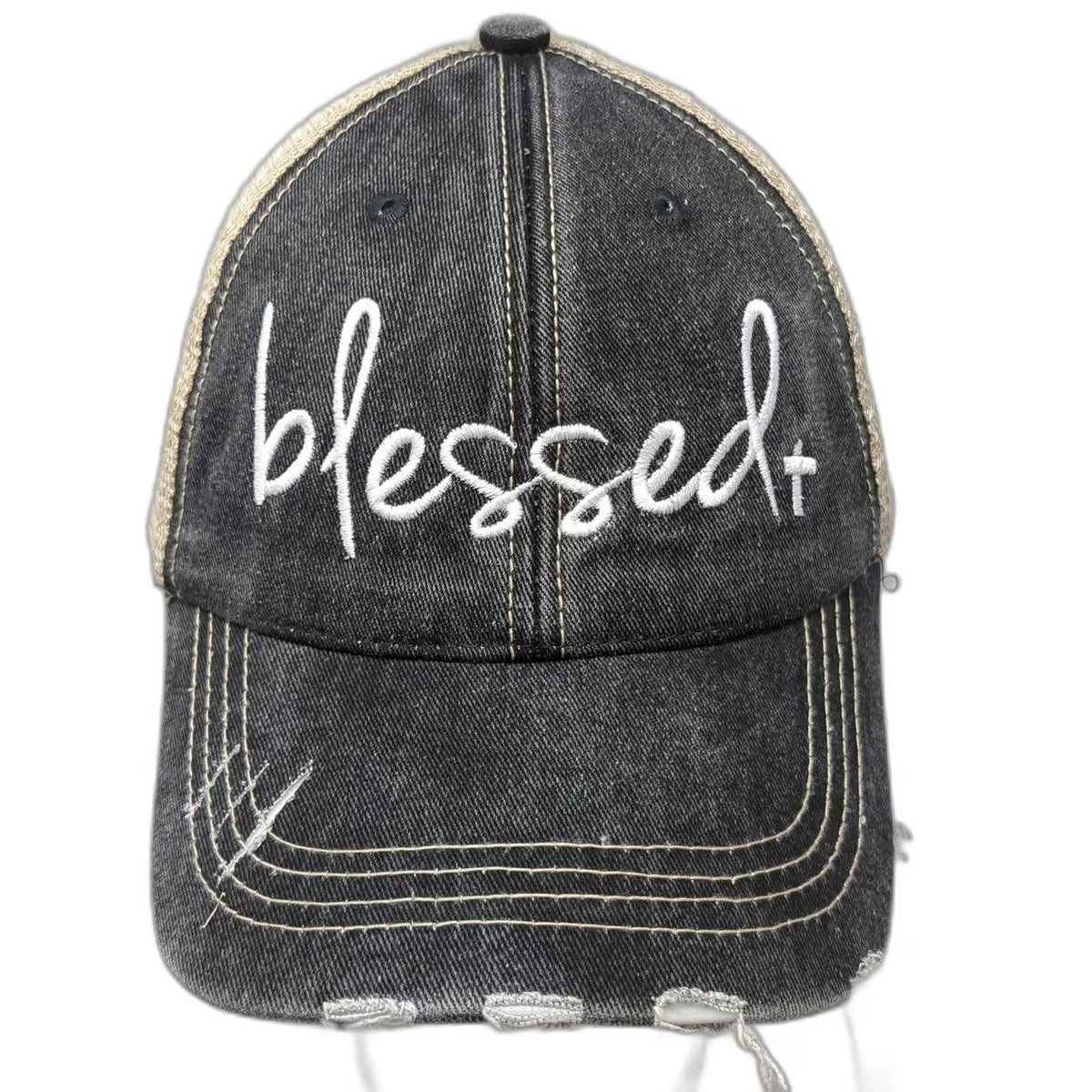 Katydid Gray Baseball Cap One Size Blessed Cross Distressed Mesh Back hat