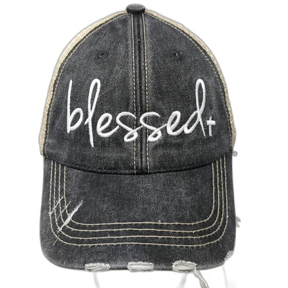 Katydid Gray Baseball Cap One Size Blessed Cross Distressed Mesh Back hat