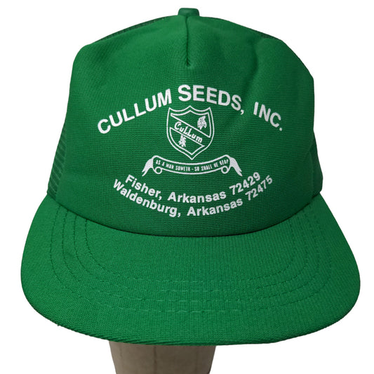 Cullum Seeds Men's Snapback Mesh Back Trucker Hat Green Adjustable Vintage USA