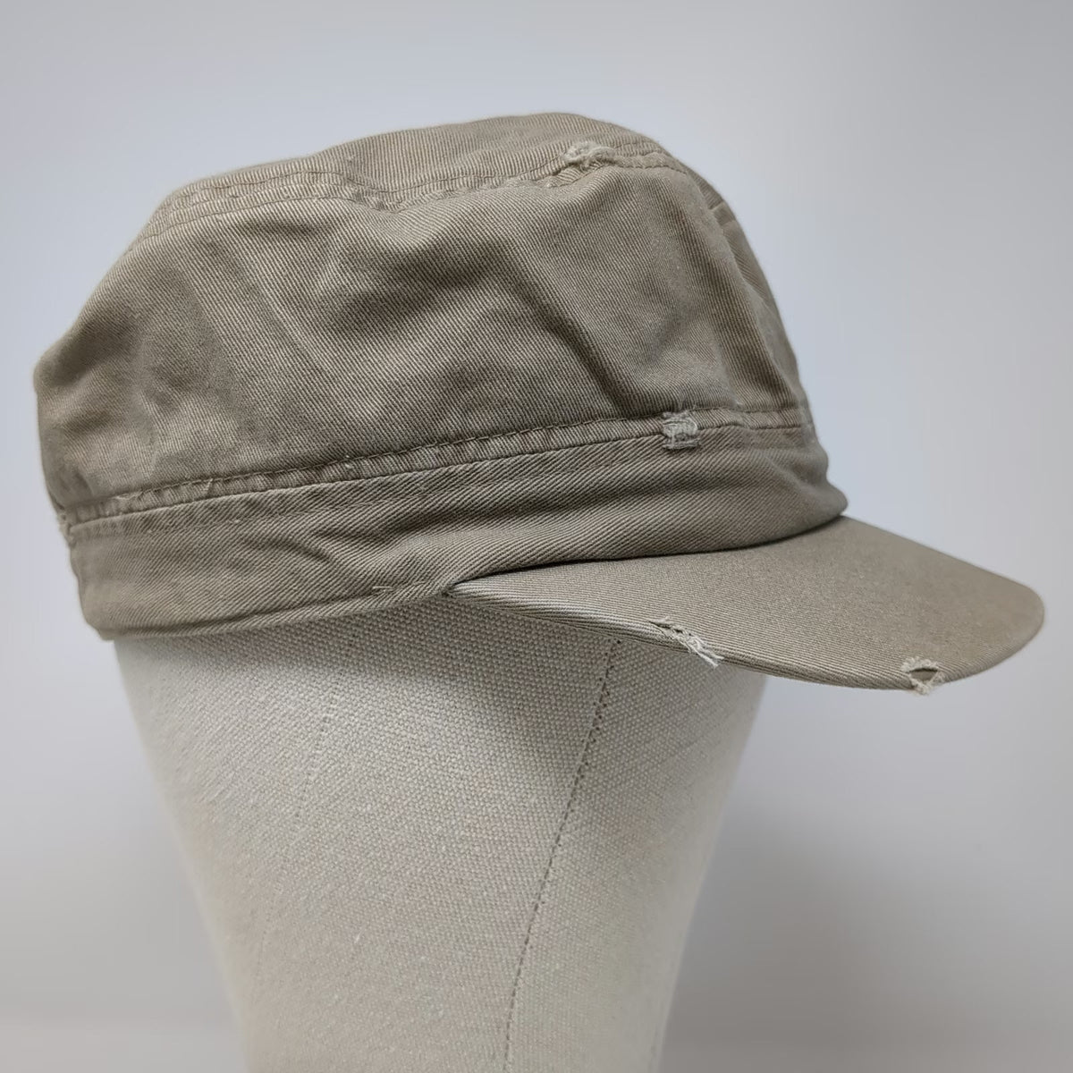 Army Cap Beige One Size Hat Distressed Frayed Cotton Military Cadet Style Flat