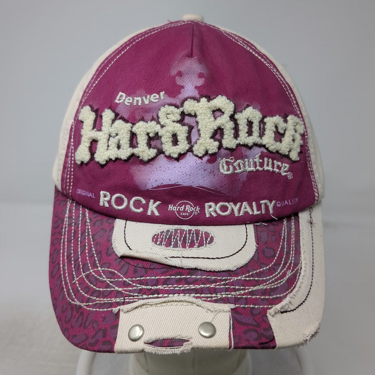 Hard Rock 5 Panel Purple Beige Hat One Size Chenille Animal Print Distressed