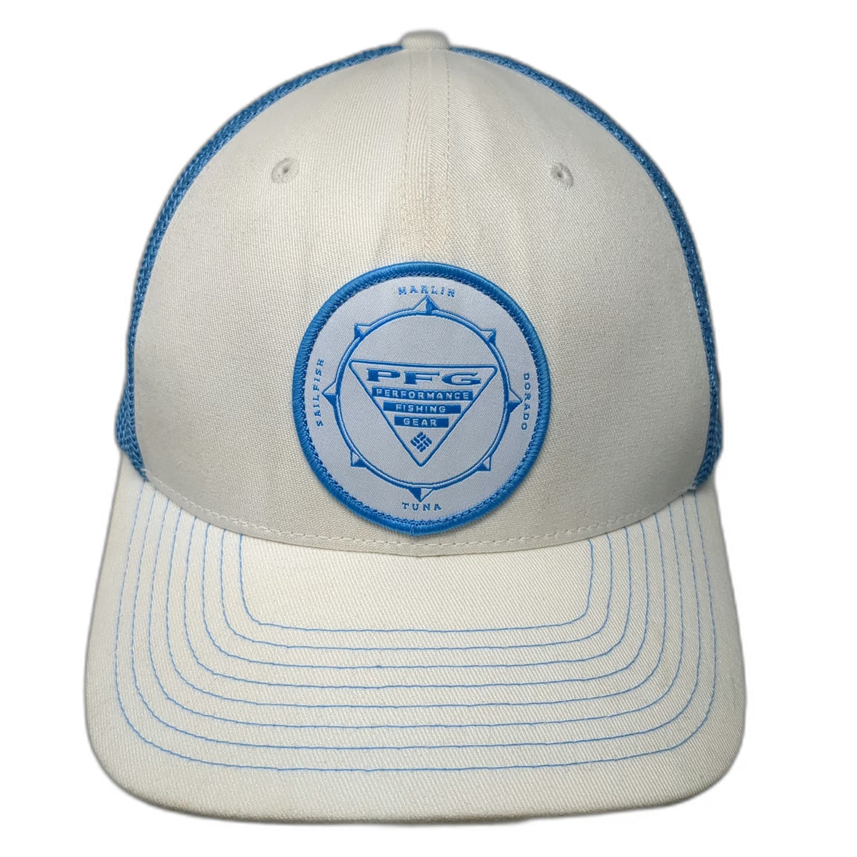 Columbia PFG Baseball Cap White Blue One Size Mesh Back Fishing Stretch Fit Hat