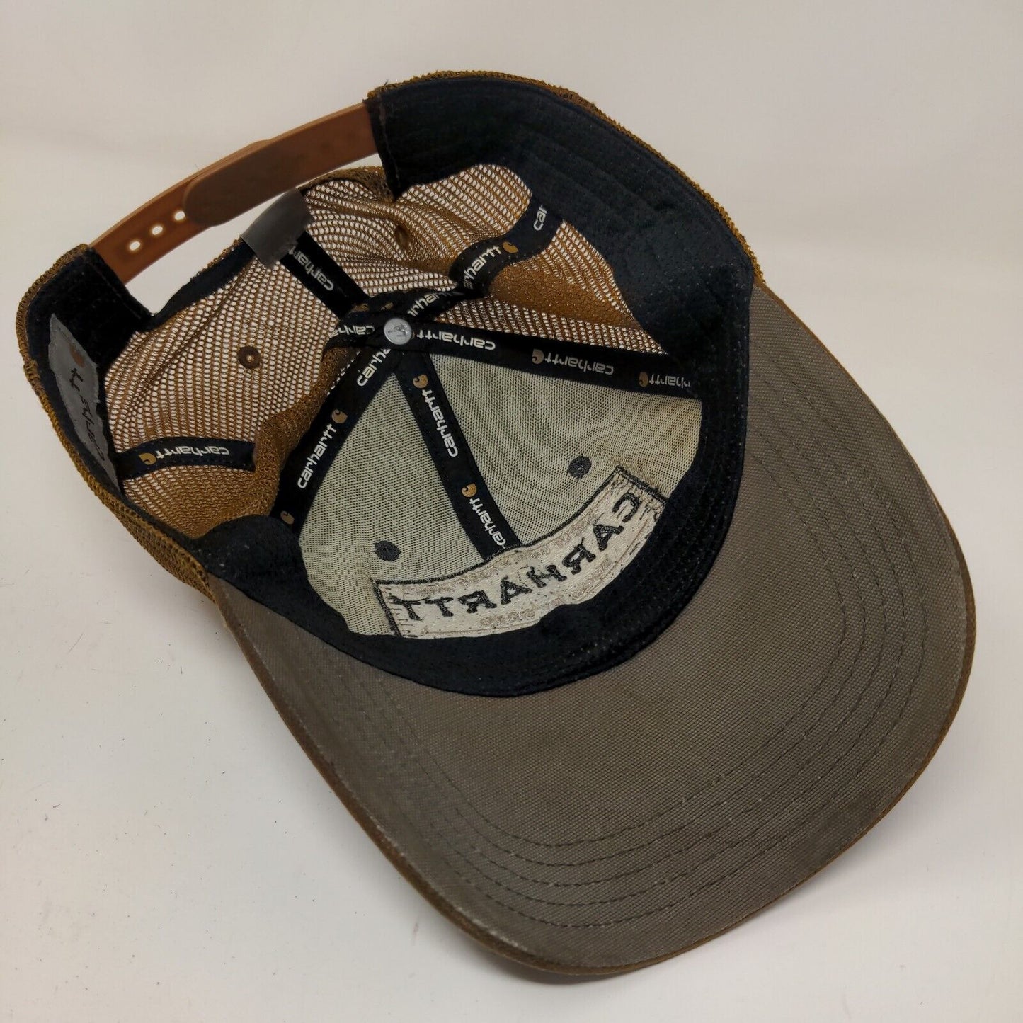 Carhartt Men's Snapback Mesh Back Hat Embroidered Logo Brown Gray Distressed