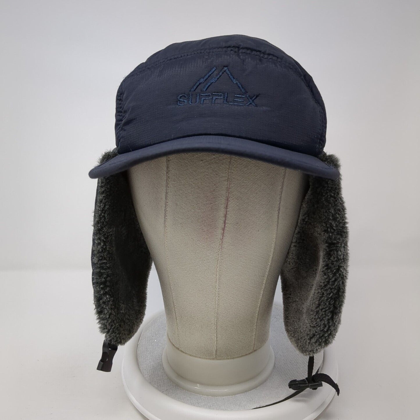 Supplex Fitted Trapper Hat Blue One Size Ear Flap Chin Strap Faux Fur