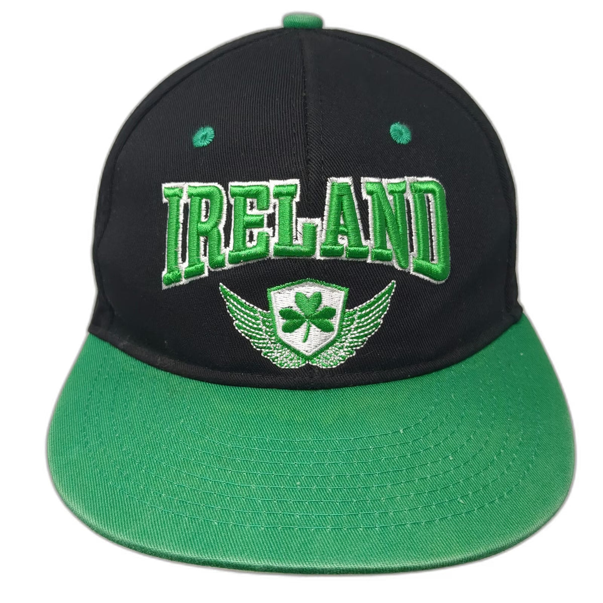 Snapback Ireland Hat Black Green One Size Shamrock Winged Shield Flat Brim Logo
