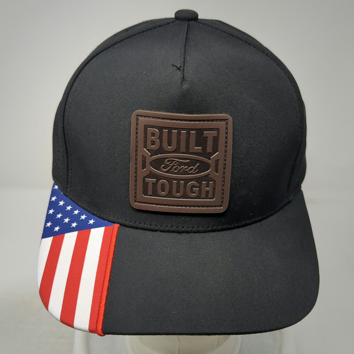 Ford 5 Panel Black Hat One Size Snapback Built Ford Tough USA Flag Perforated