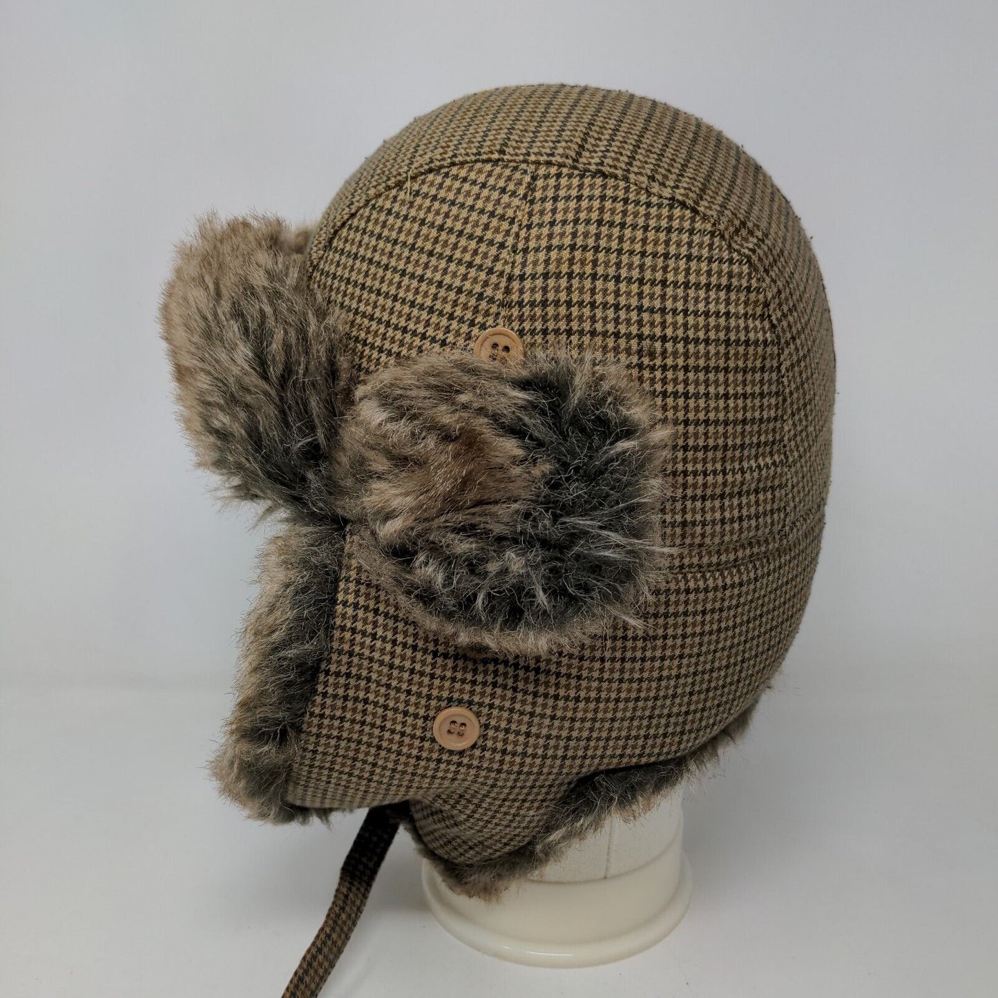 Unbranded Men's Trapper Hat Brown Check 57/M Vegan Fur Lining 100% Polyester
