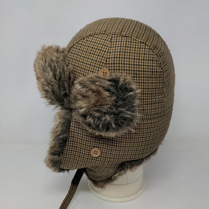 Unbranded Men's Trapper Hat Brown Check 57/M Vegan Fur Lining 100% Polyester