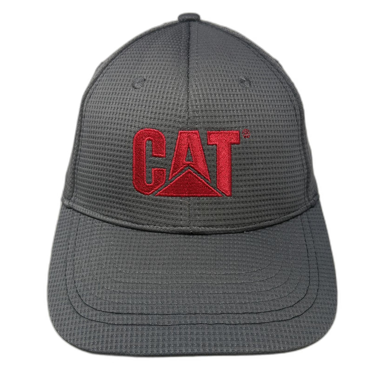 CAT Baseball Cap Gray Red One Size Textured Mesh Fabric Fitted Hat Work Logo