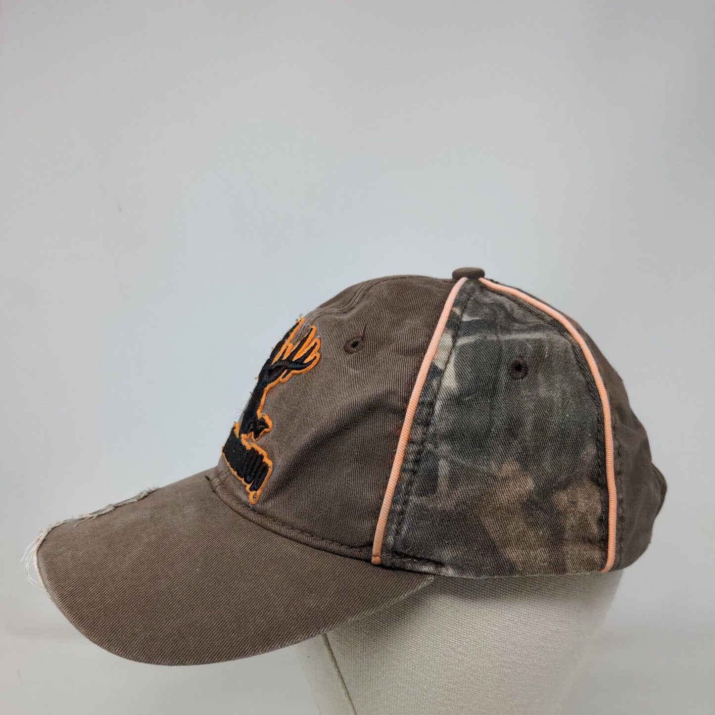 Bucked Up Strapback Hat Brown One Size Adjustable Embroidered Camouflage Cotton