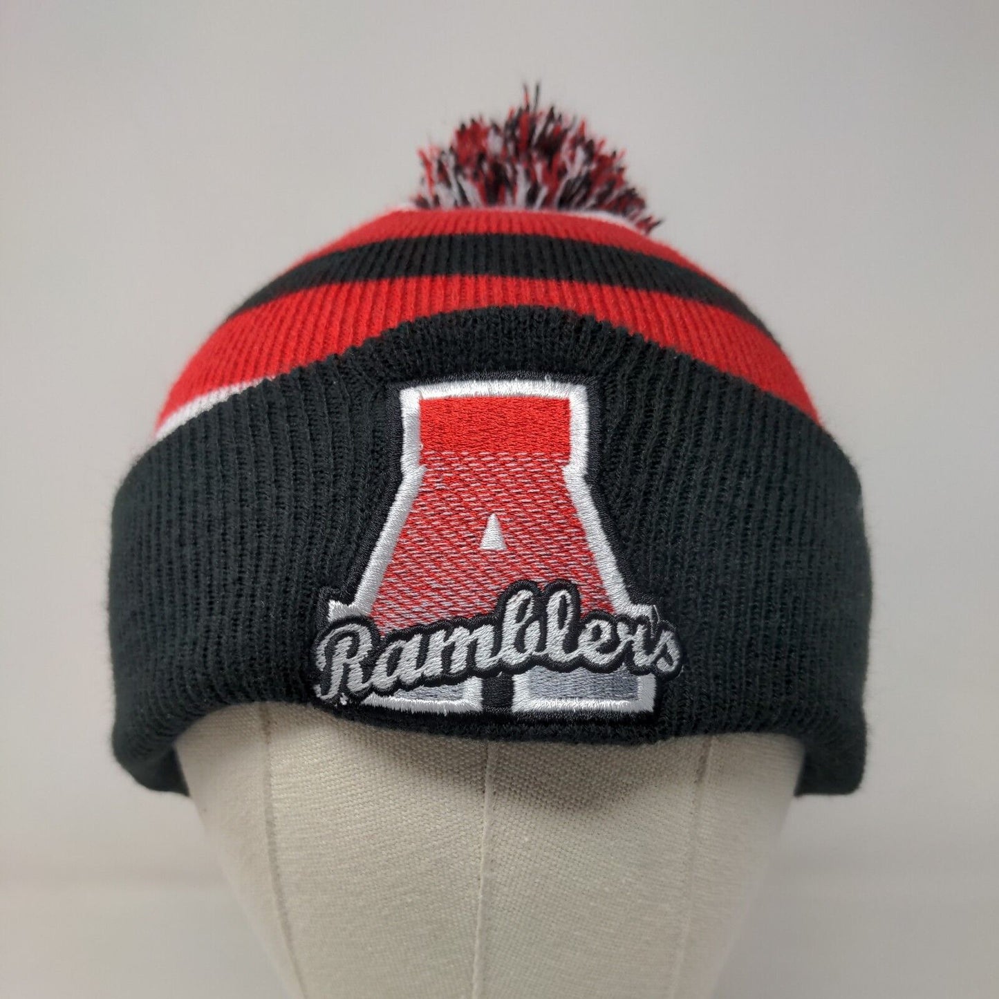 Unbranded Men's Knit Beanie Hat Cap Black Red Striped Pom Pom A Ramblers Logo