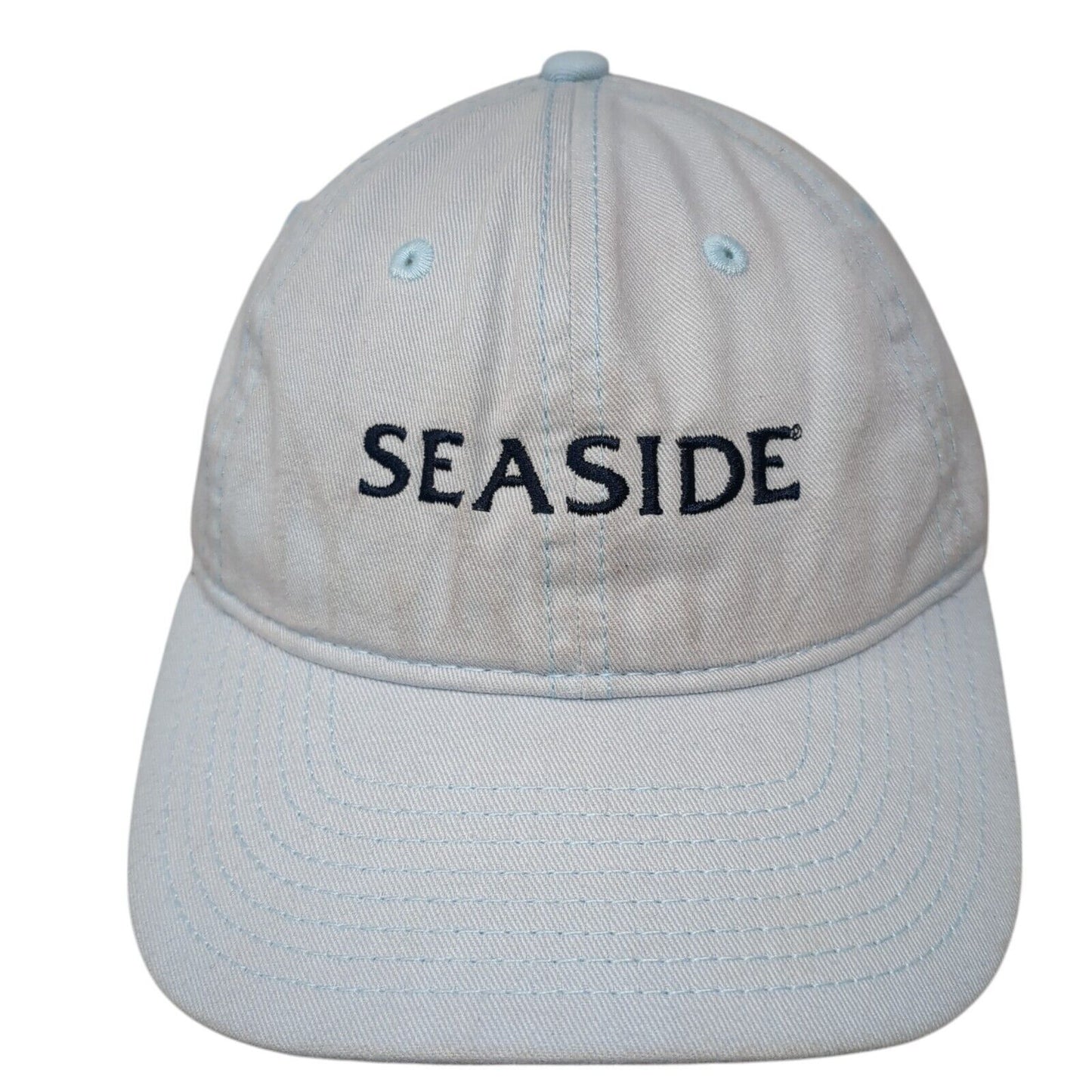 Sea Side Strapback Hat Blue One Size Adjustable Embroidered Vented Holes 6 Panel