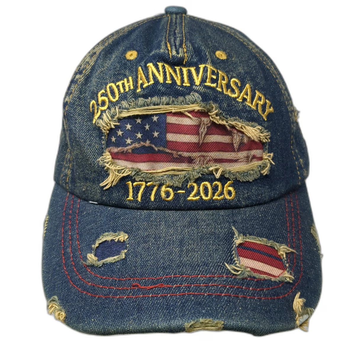 Blue 5 Panel One Size American Flag 250th Anniversary Frayed Denim USA 1776 Hat