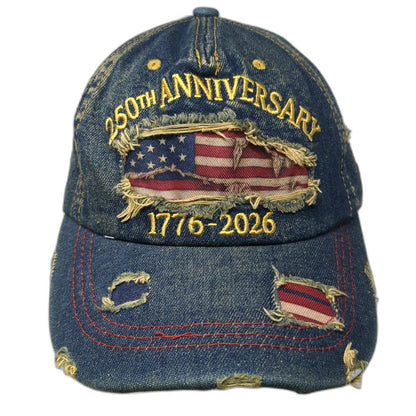 Blue 5 Panel One Size American Flag 250th Anniversary Frayed Denim USA 1776 Hat