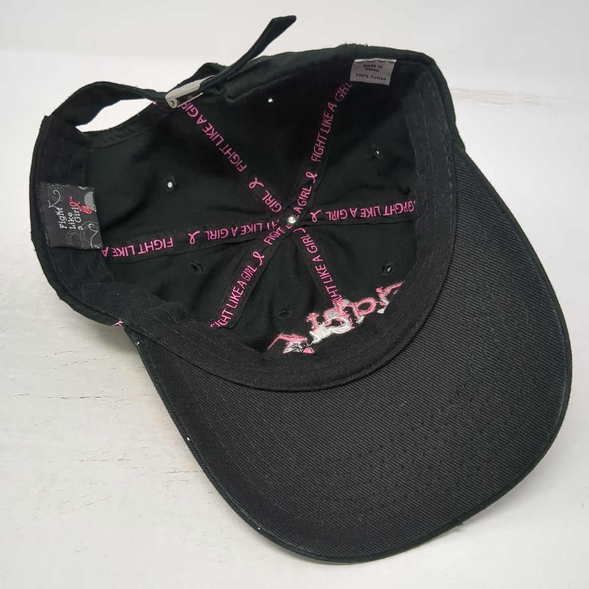 Fight Like a Girl Baseball Cap Black One Size Pink Ribbon Studded Slideback Hat