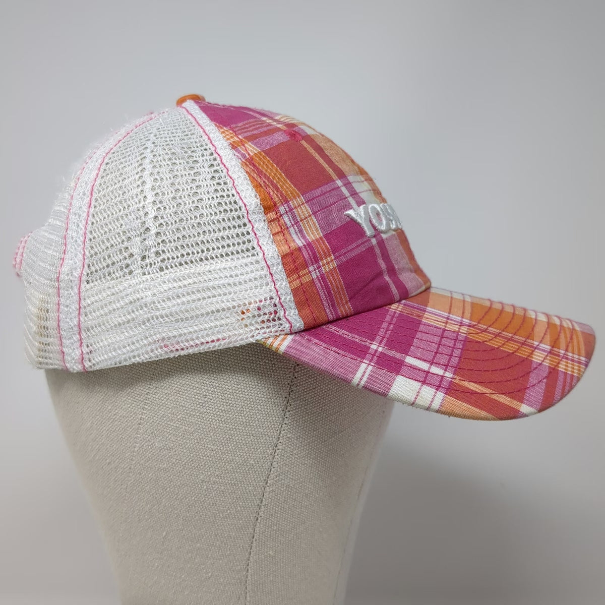 Polar Graphics Trucker Hat Pink White One Size Yosemite Plaid Mesh Snapback