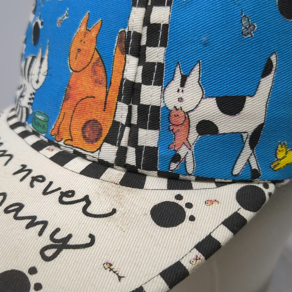 Kathy Davis Designs Baseball Cap Blue White One Size Cats Checkerboard Hat