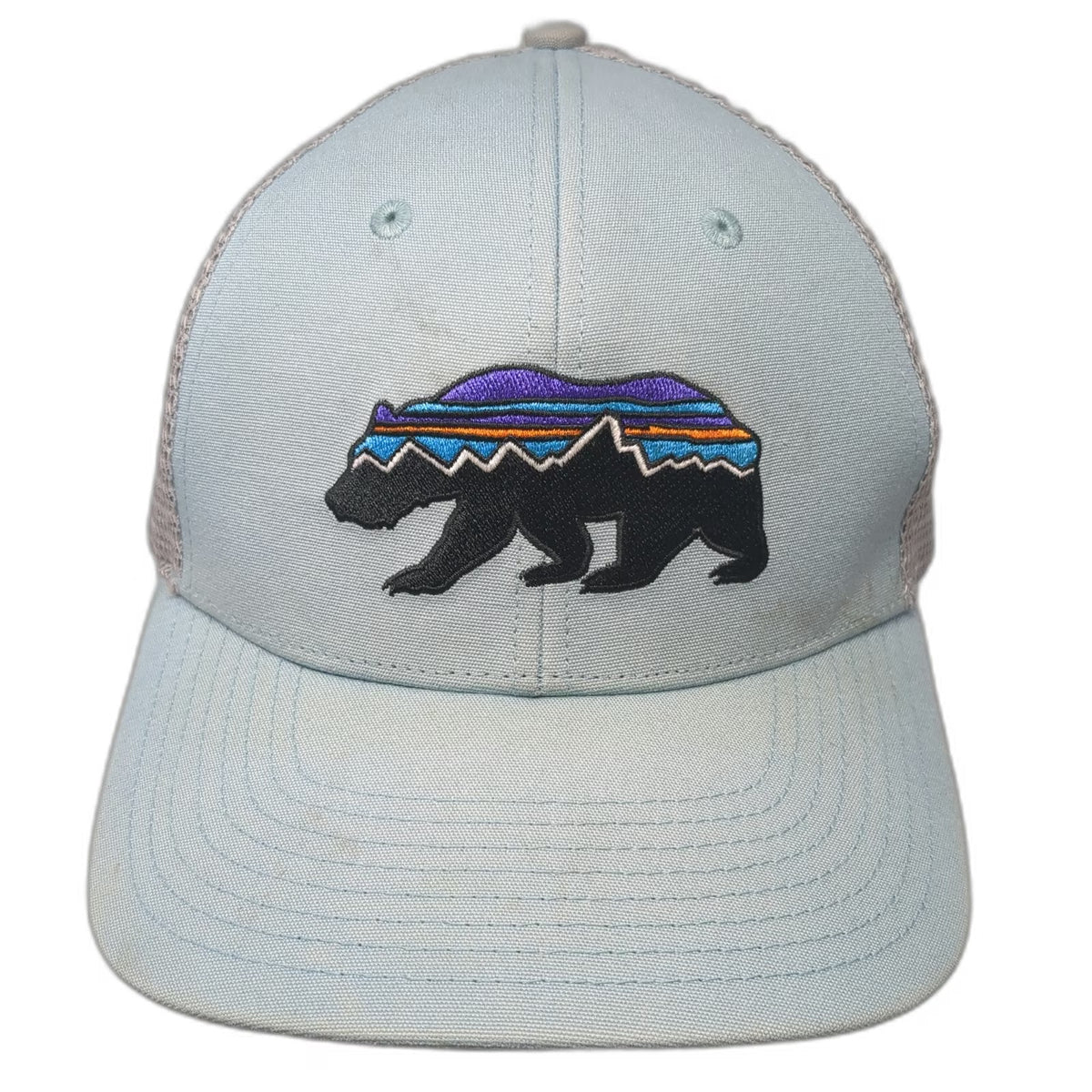 Patagonia Trucker Hat Blue One Size Bear Fitz Roy Logo Mesh Snapback Hiking Gray