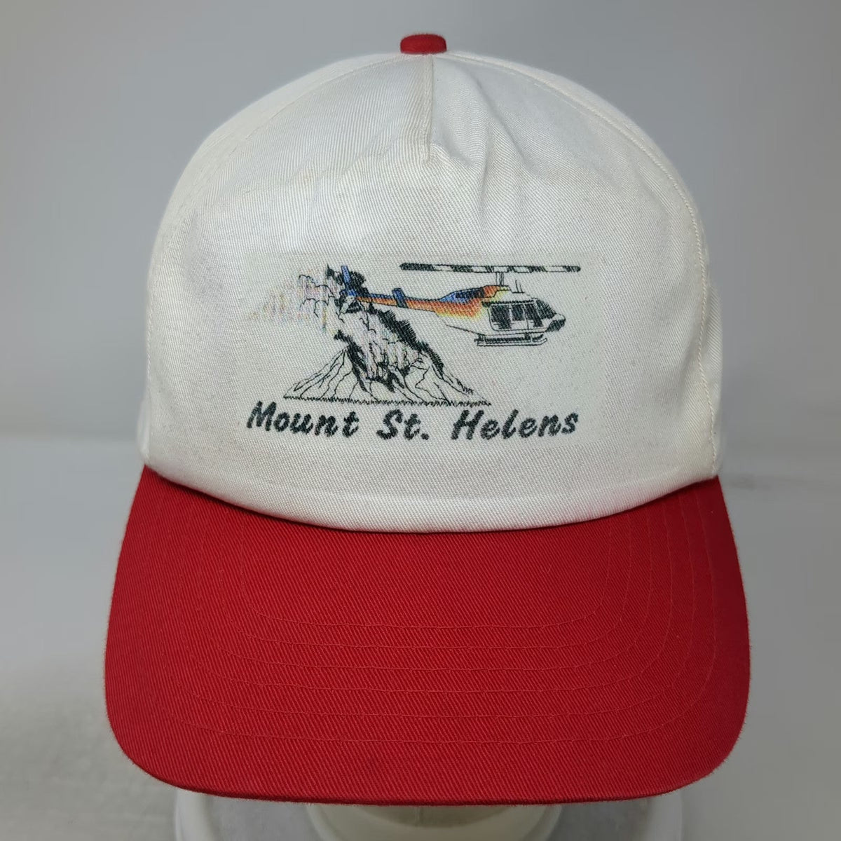 Cameo 5 Panel White Red Mount St. Helens Helicopter Mountain Hat Vintage