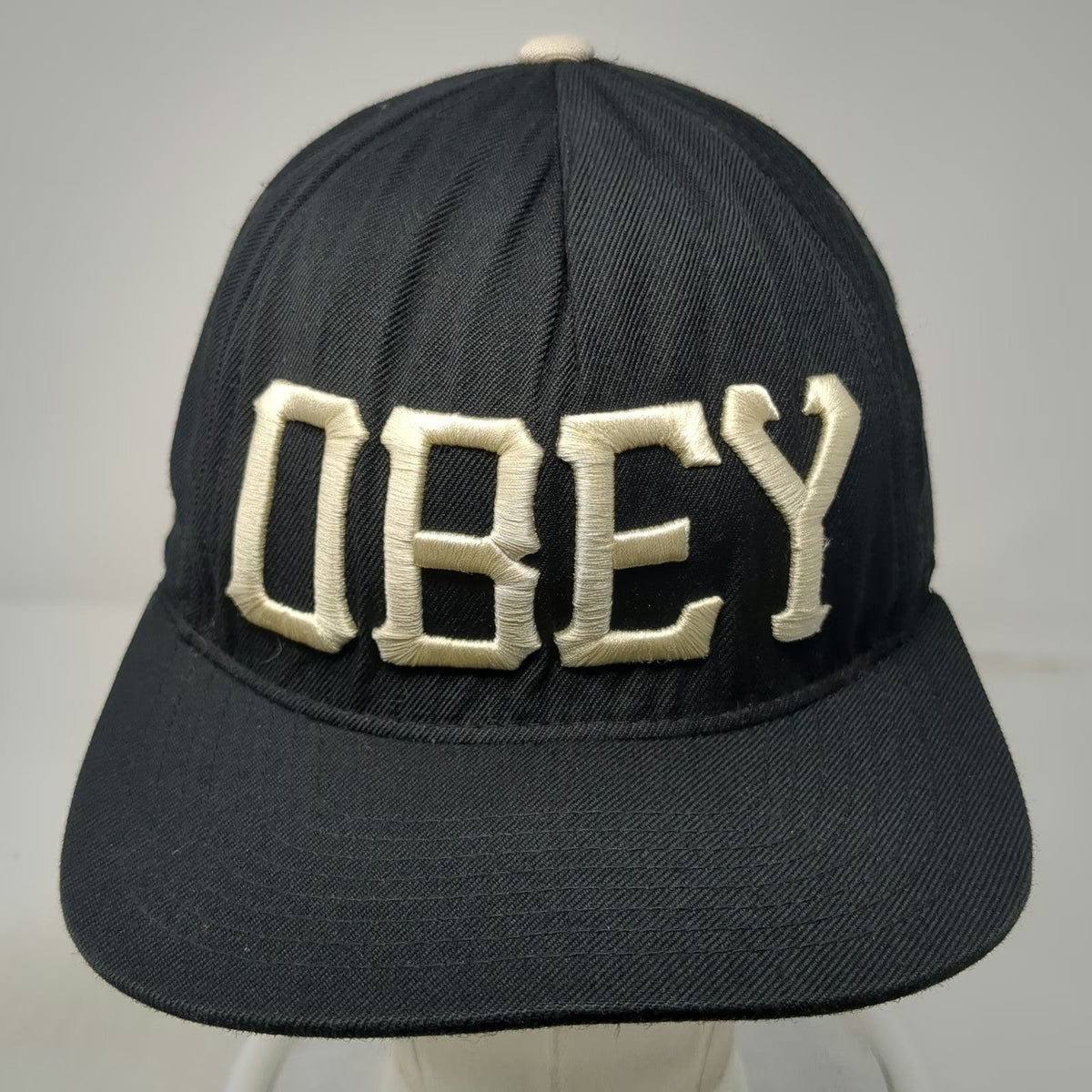 Obey 5 Panel Hat Black One Size Snapback Flat Brim Green Underbrim Wool Blend