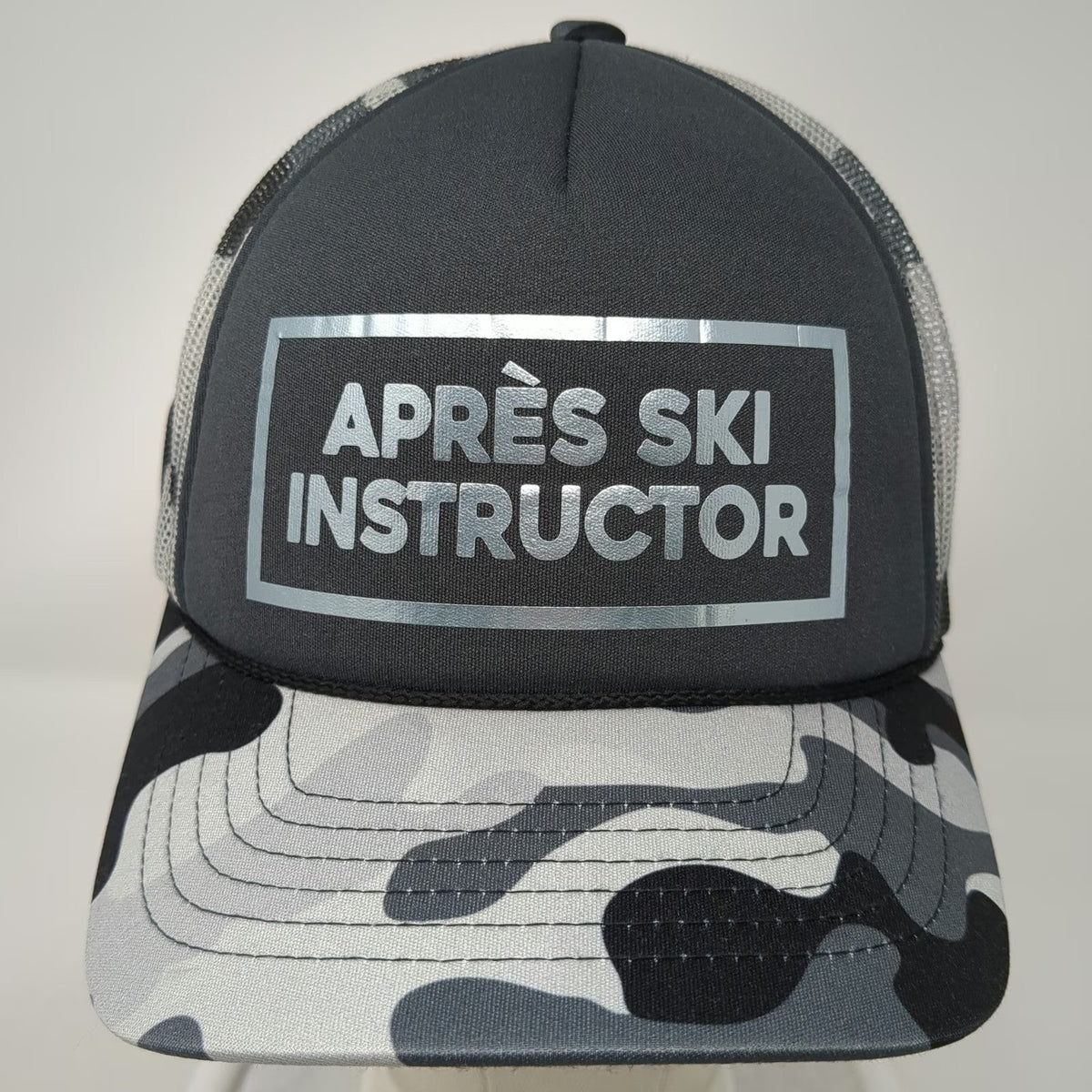 Ski Town All-Stars Trucker Hat One Size Gray Black Camo Après Ski Instructor