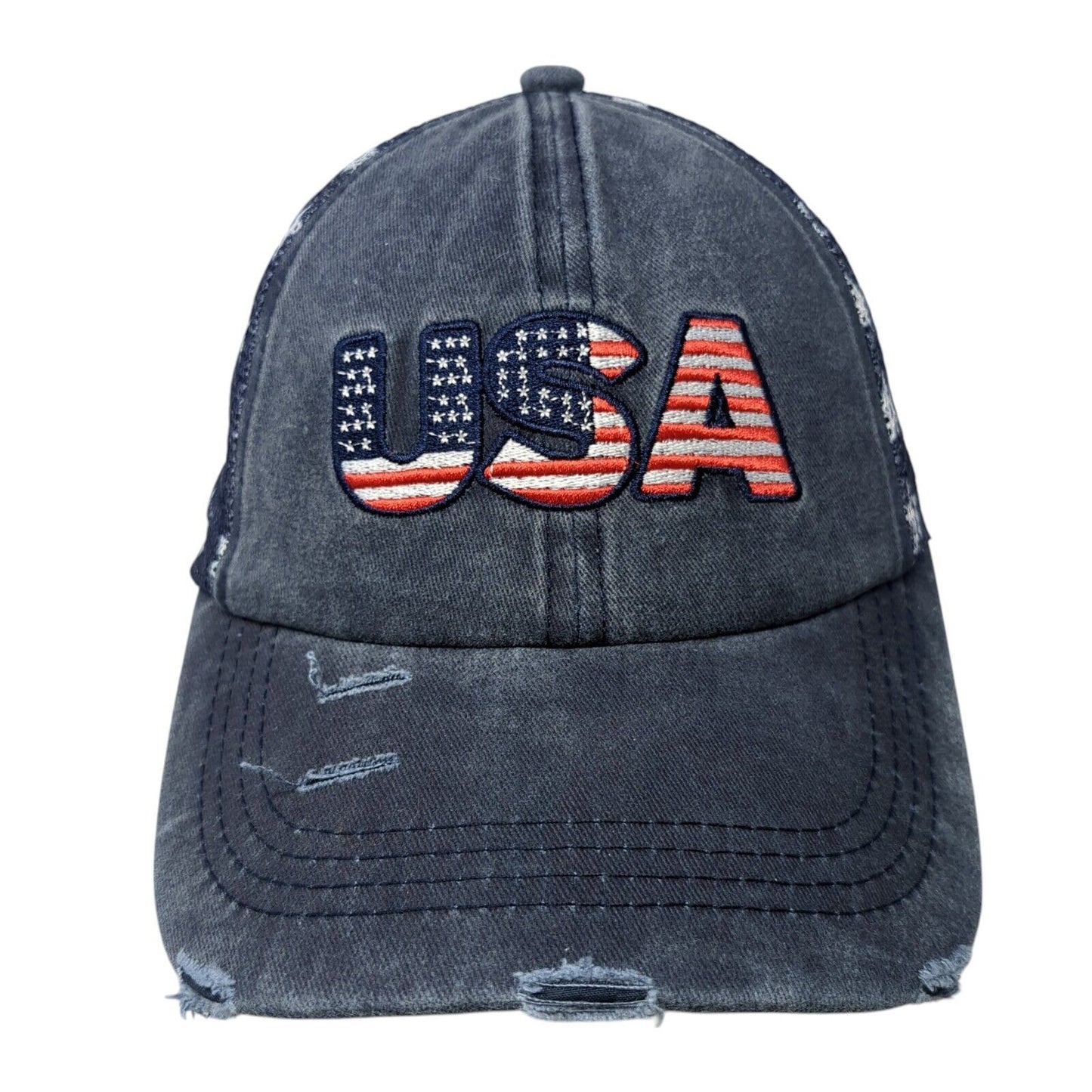 USA Strapback Trucker Hat Blue OS Adjustable Patriotic Distressed Mesh Back