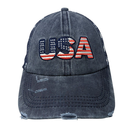 USA Strapback Trucker Hat Blue OS Adjustable Patriotic Distressed Mesh Back