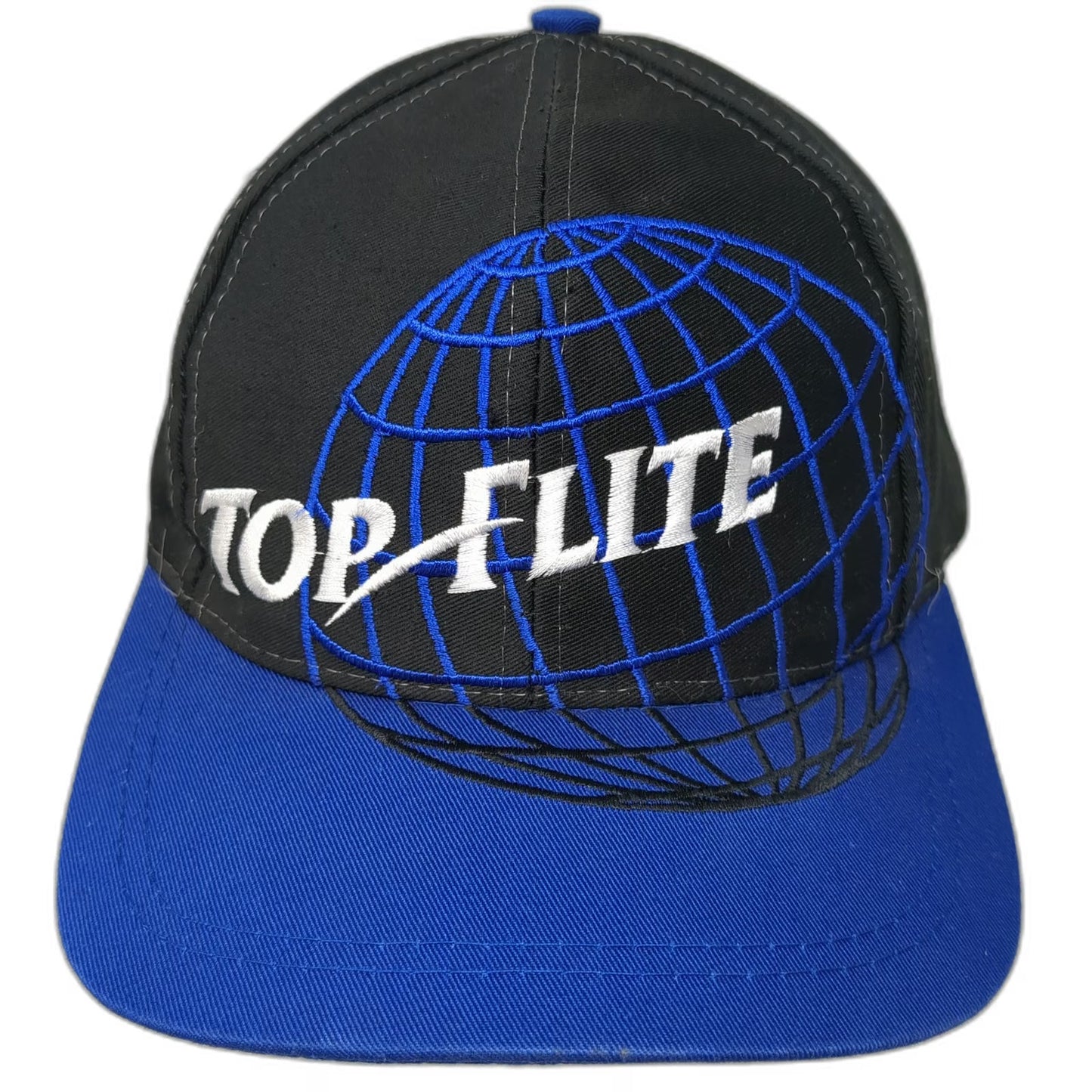 Top-Flite Baseball Cap Black Blue One Size Embroidered Globe Leather Strap Hat
