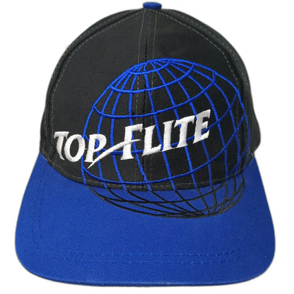 Top-Flite Baseball Cap Black Blue One Size Embroidered Globe Leather Strap Hat