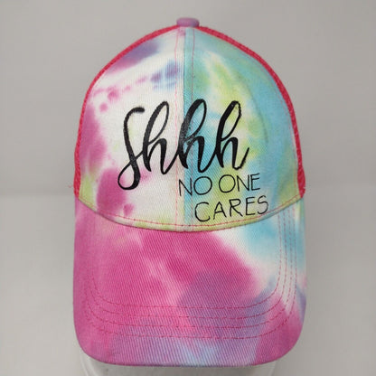 Shhh No One Cares Strapback Trucker Hat Multi OSFA Tie Dye Ponytail