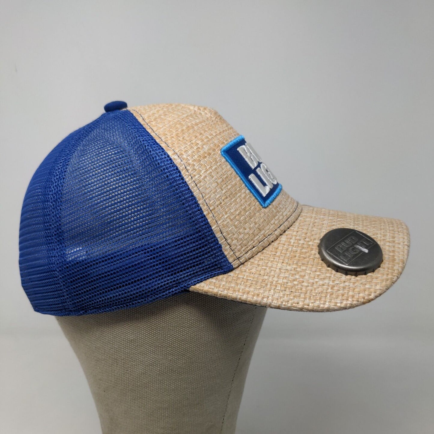 Bud Light Men's Snapback Mesh Back Hat Tan Blue Embroidered Logo Beer