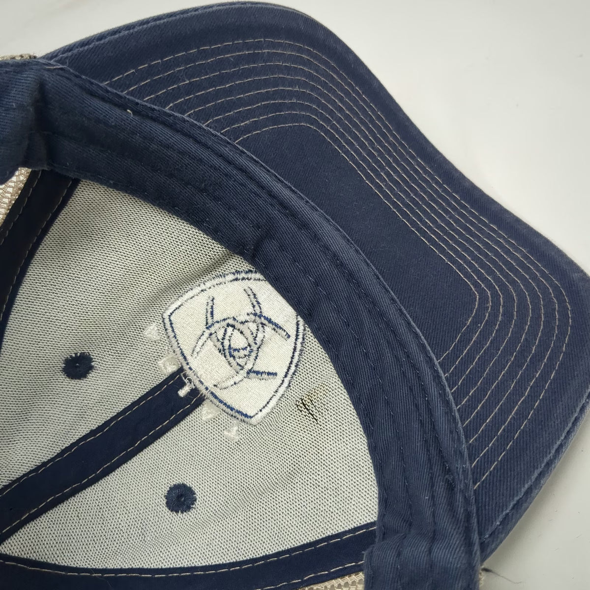 Ariat Trucker Hat Blue One Size Mesh Snapback Shield Logo Beige Stitching