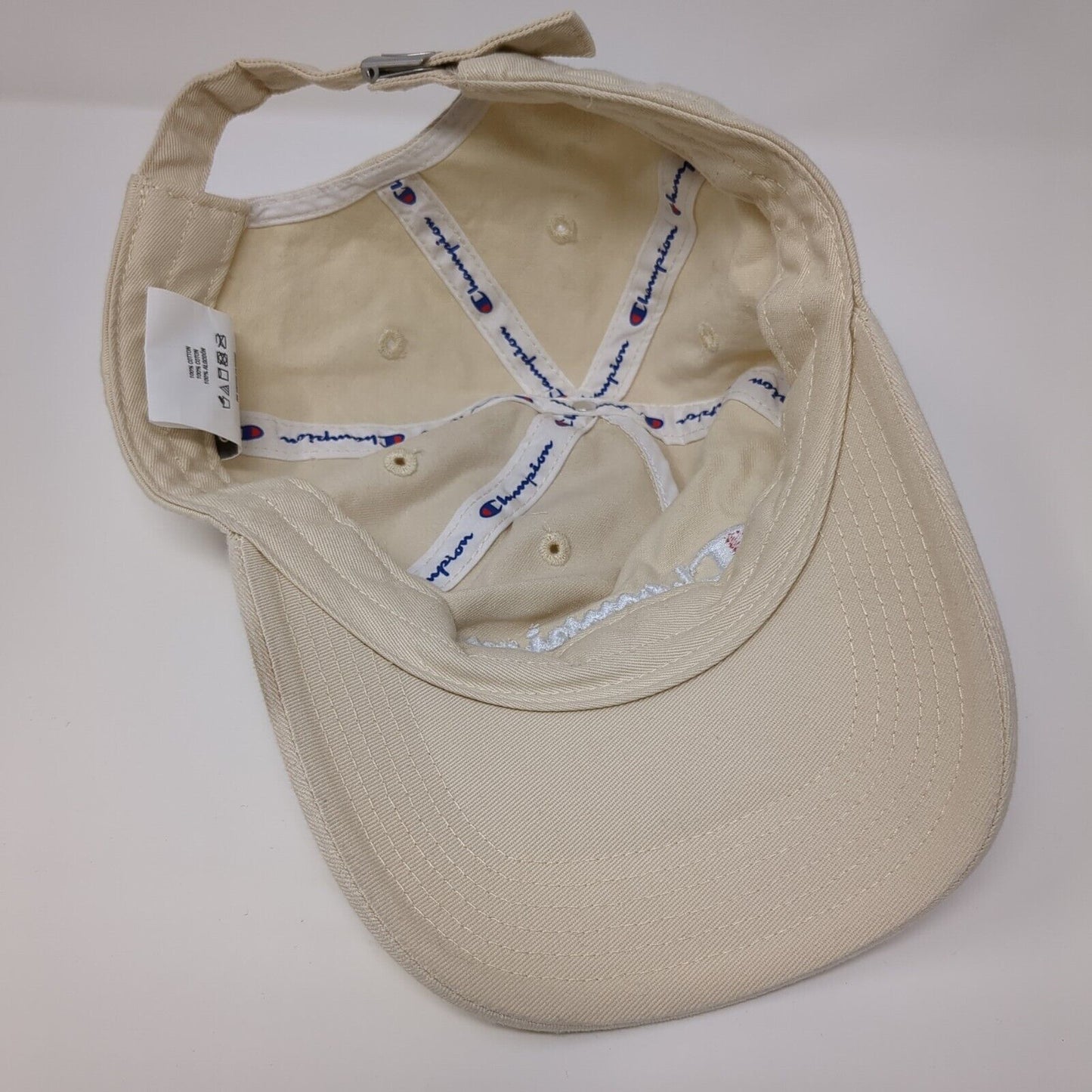 Champion Slideback Hat Tan OSFA Adjustable Embroidered Vented Holes 6 Panel