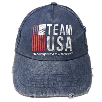 Team Beachbody 5 Panel Blue White Red One Size American Flag Frayed Washed Hat