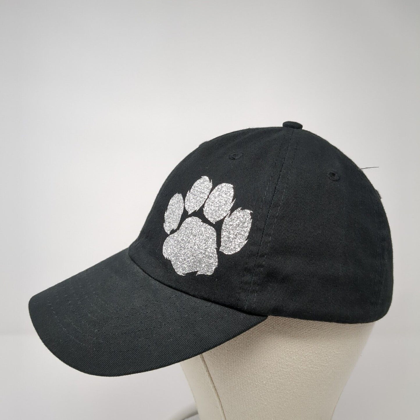 Paw Print Slideback Hat Black One Size Adjustable Vented Holes 6 Panel Cotton