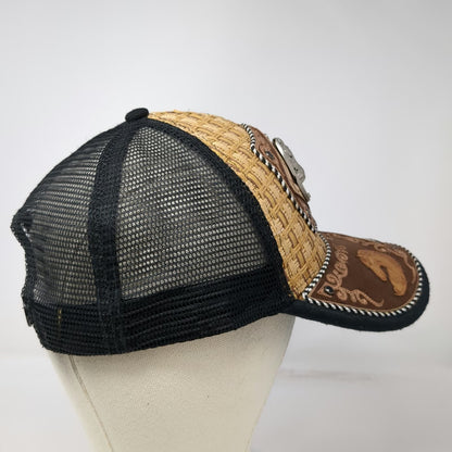 Trucker Hat Brown One Size Straw Mesh Silver Horse Horseshoe Metal Medallion