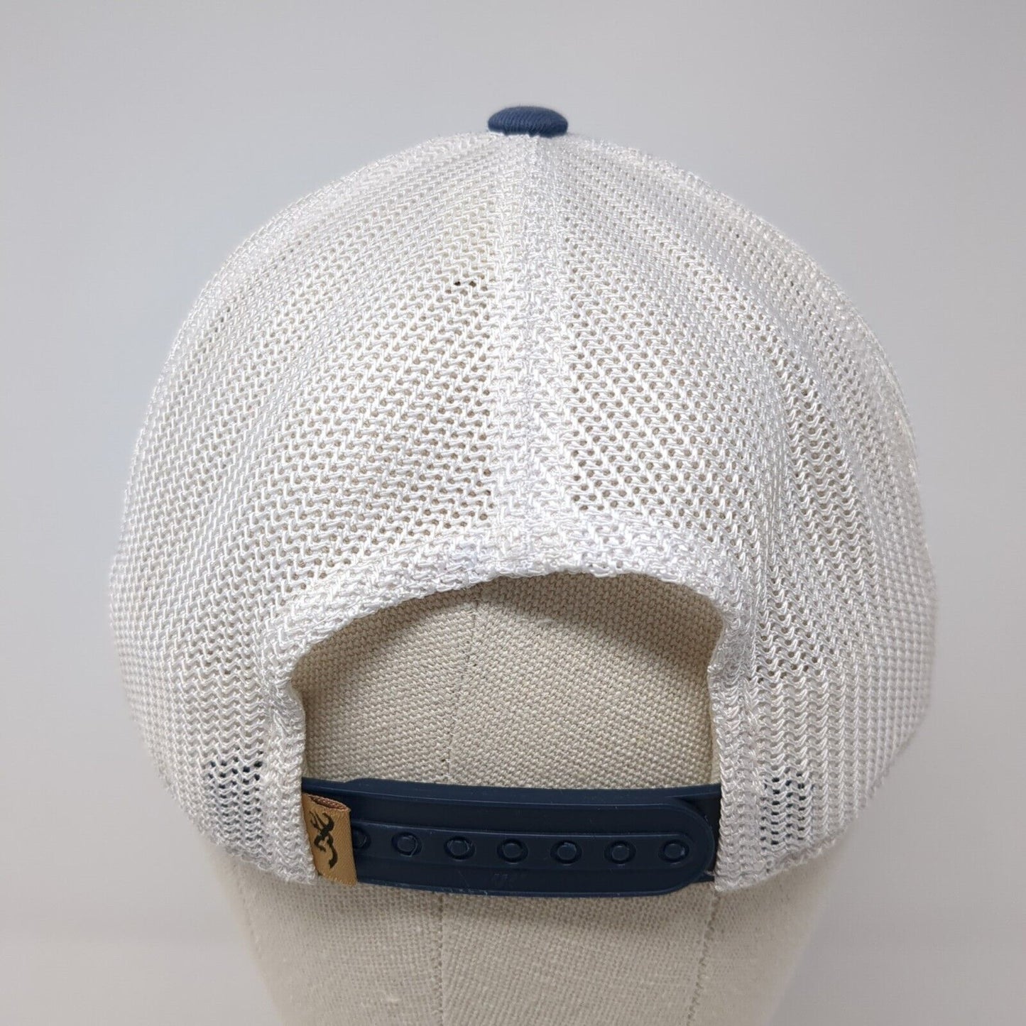 Browning Snapback Trucker Hat Blue One Size Adjustable Leather Patch Mesh Back