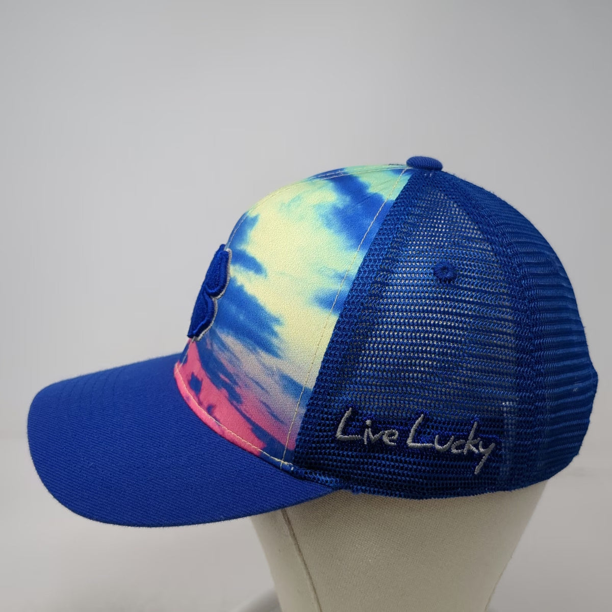 Black Clover Trucker Hat Blue One Size Live Lucky Tie Dye Sky Print Clover Mesh