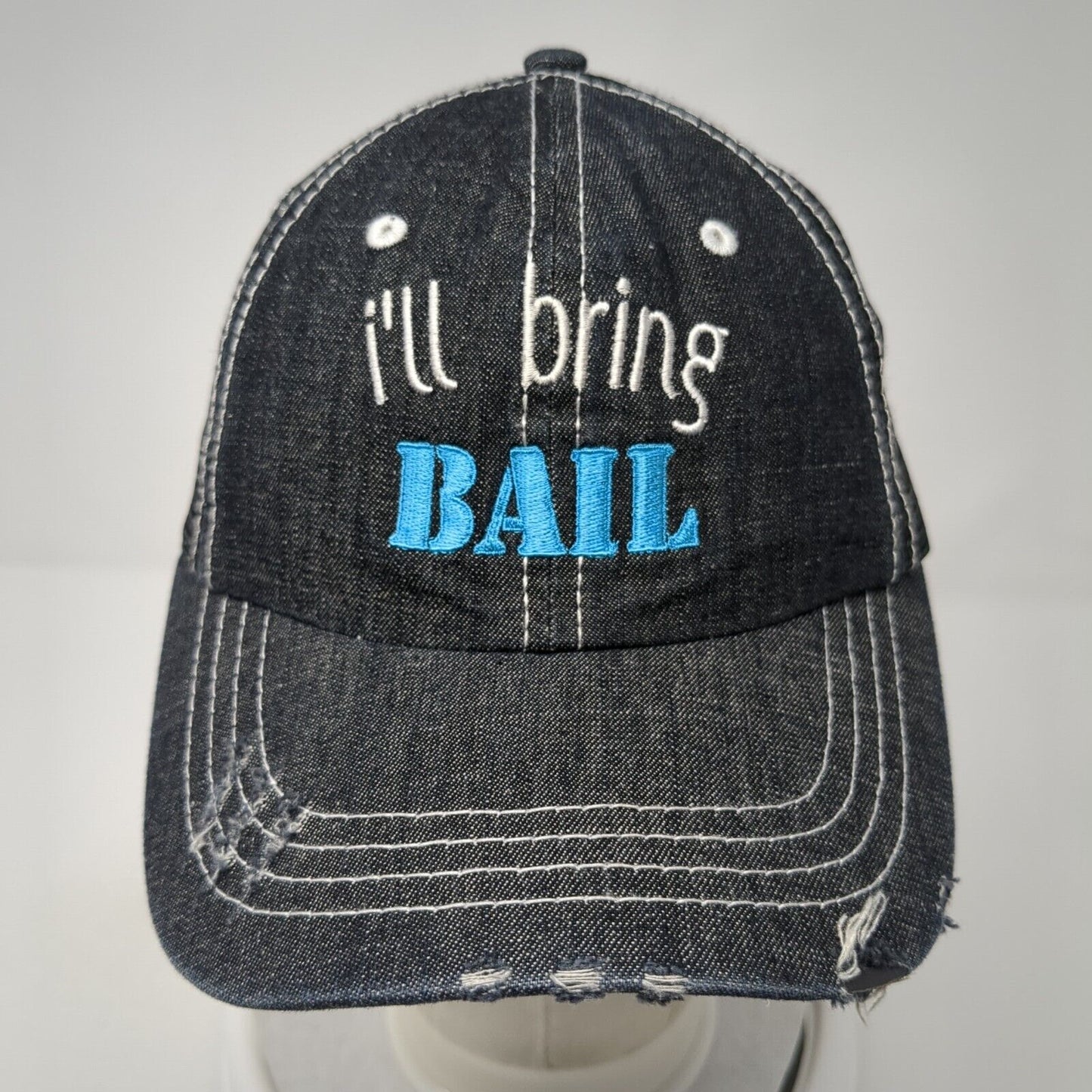 I'll Bring Bail Strapback Trucker Hat Black OS Adjustable Mesh Back Distressed