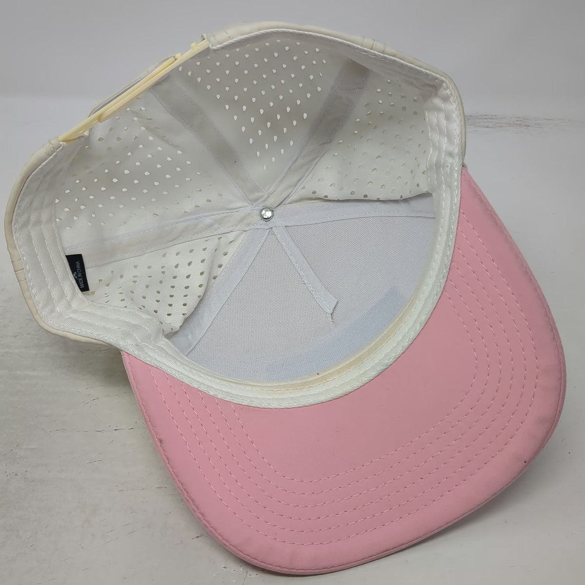 Waggle Chunky Golf 5 Panel White Pink Hat OSFM Laser Cut Floral Patch Snapback