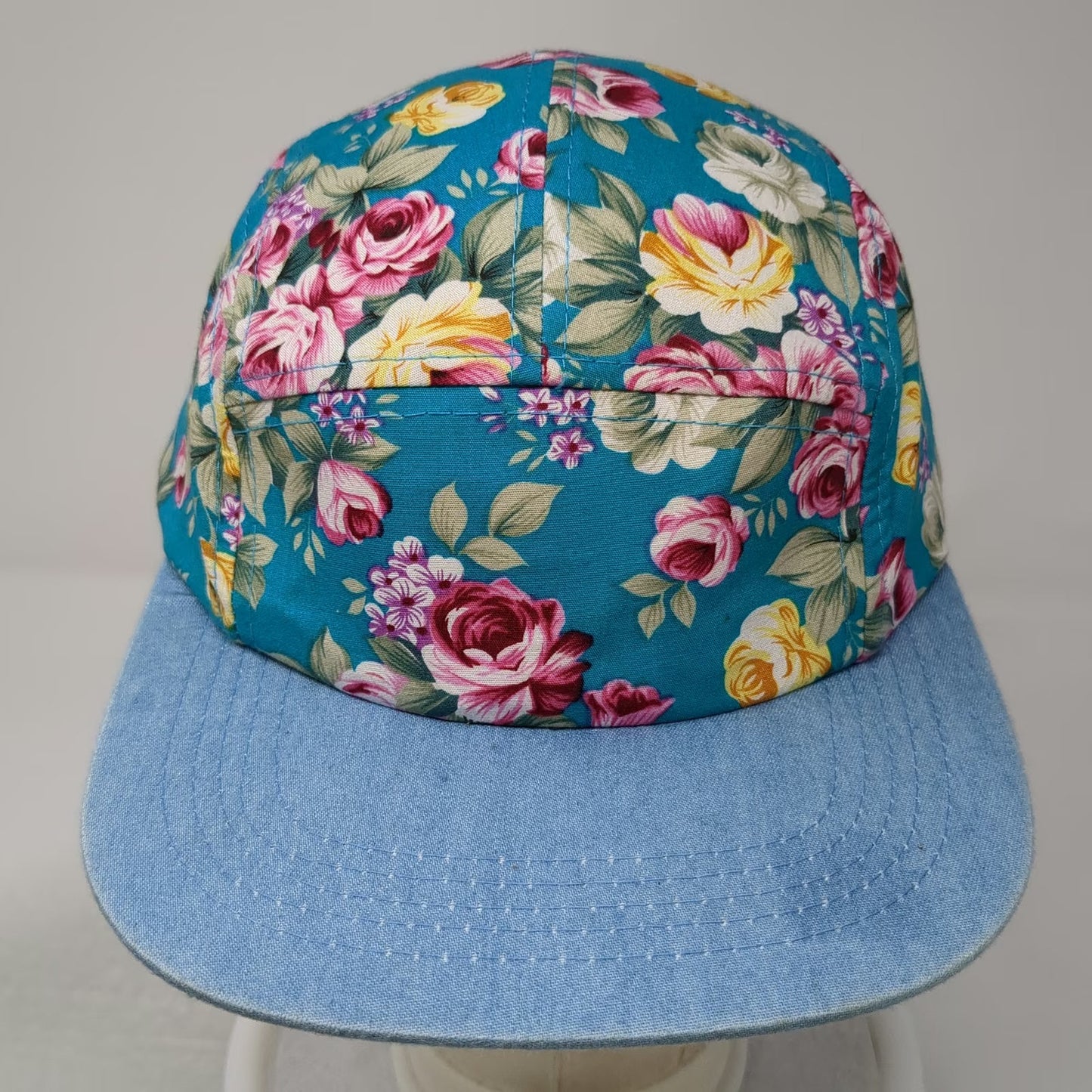 City Hunter 5 Panel Blue Floral Hat Denim Brim One Size Strapback Cotton NY Logo