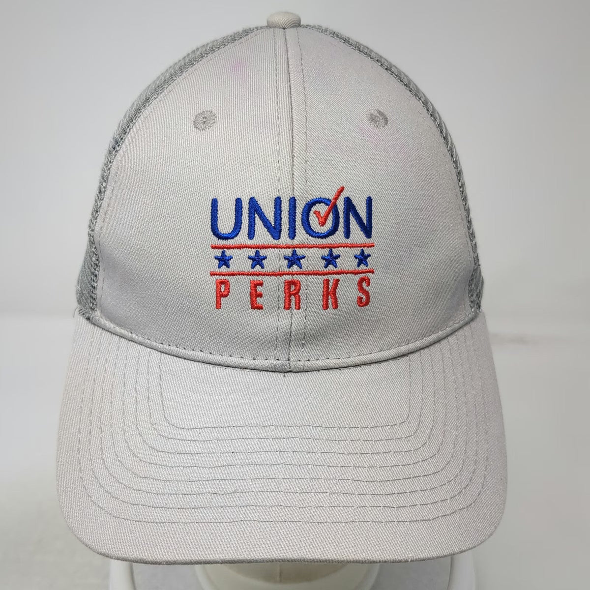 Gray Trucker Hat One Size Union Perks Embroidered Stars Mesh Back Snapback Logo