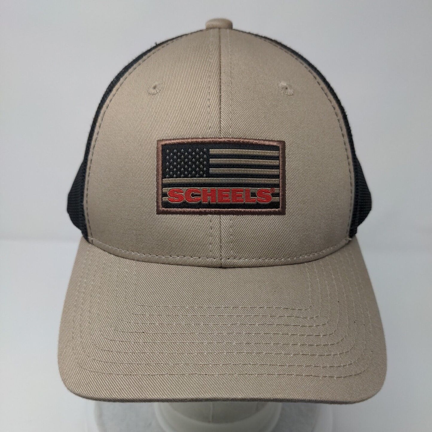 Scheels American Flag Snapback Trucker Hat Tan OSFM Mesh Back 6 Panel
