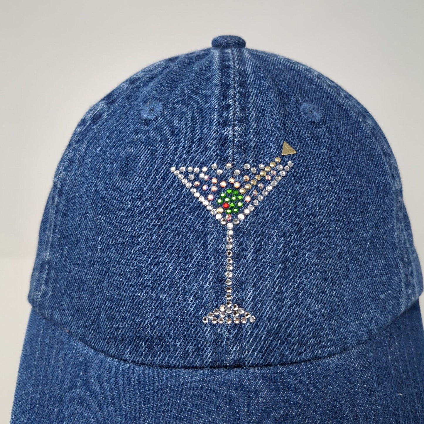 Vintage Simply Hot Strapback Hat Blue OSFA Rhinestone Jewel Cocktail Glass USA