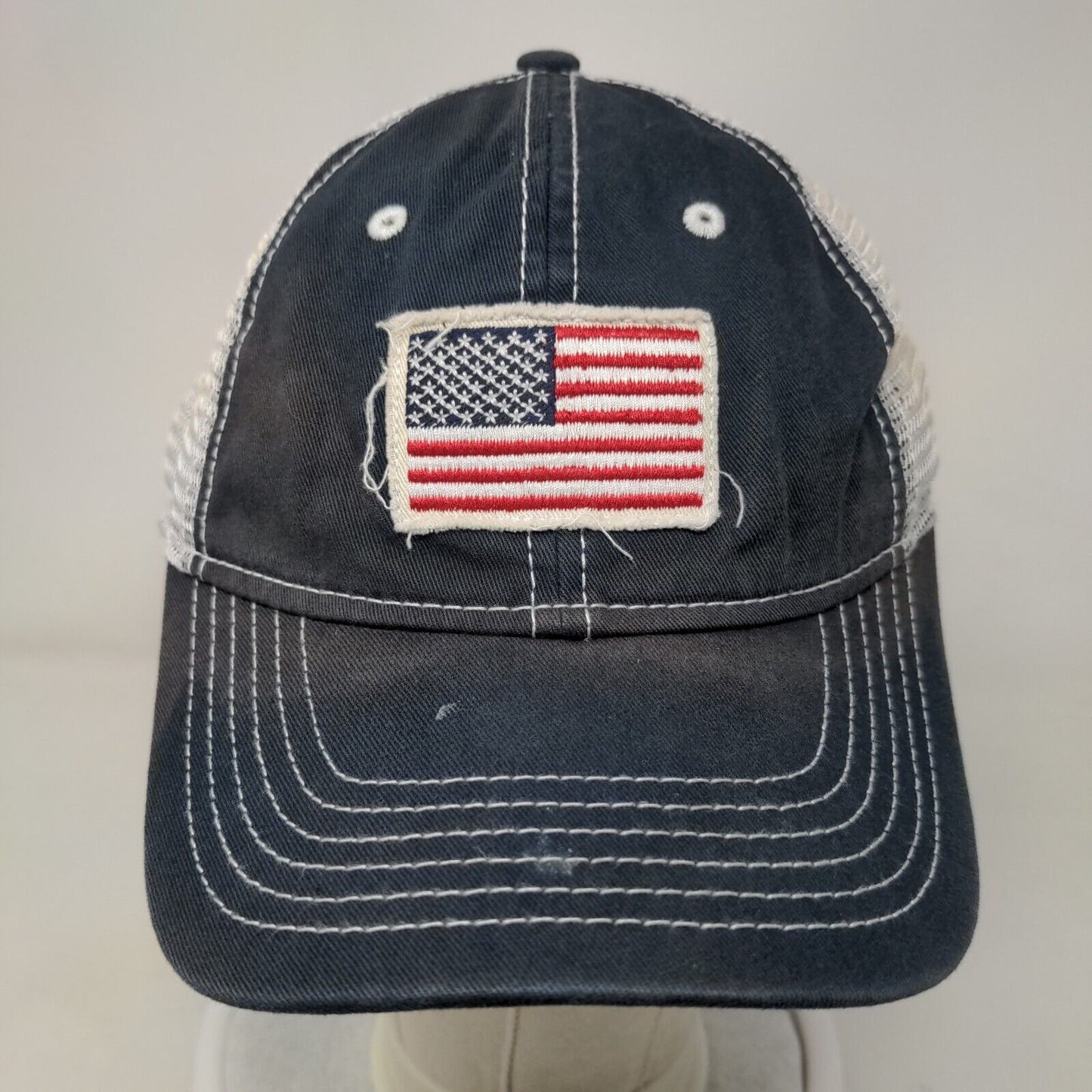 American Flag Strapback Trucker Hat Blue OS Embroidered Patriotic Mesh Back