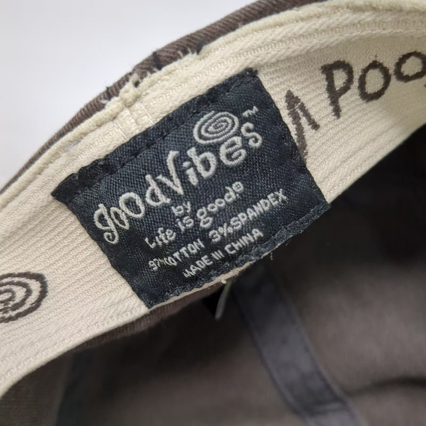 Life is Good Brown Army Cap Hat One Size Stretch Fit Spiral Logo Embroidered